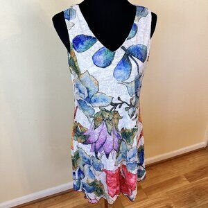 Womens White Floral Dress Knee Length Gauzy Sleeveless Shift Large Caren